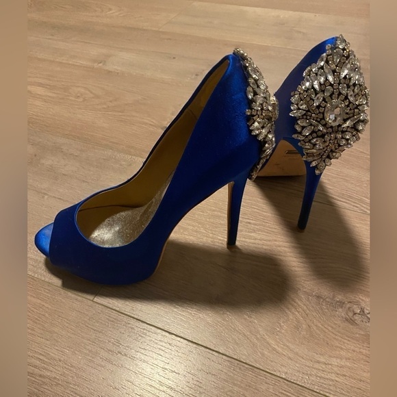 Badgley Mischka Shoes - Badgley Mischka Kiara Peep Toe Evening Pumps Blue Satin High Heels • Size 8.5